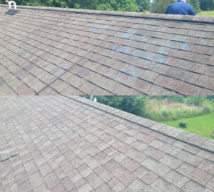 These photos were taken during an insurance inspection of a hail damaged roof. The top was marked by the insurance agent and the bottom is the roof after it was repaired. 